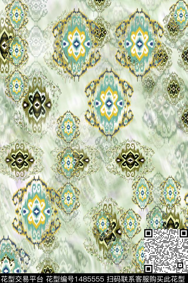 水彩传统纹样香云纱数码印花华亿平台下载（图片编号: 1485555） - 瓦栏（Walan）