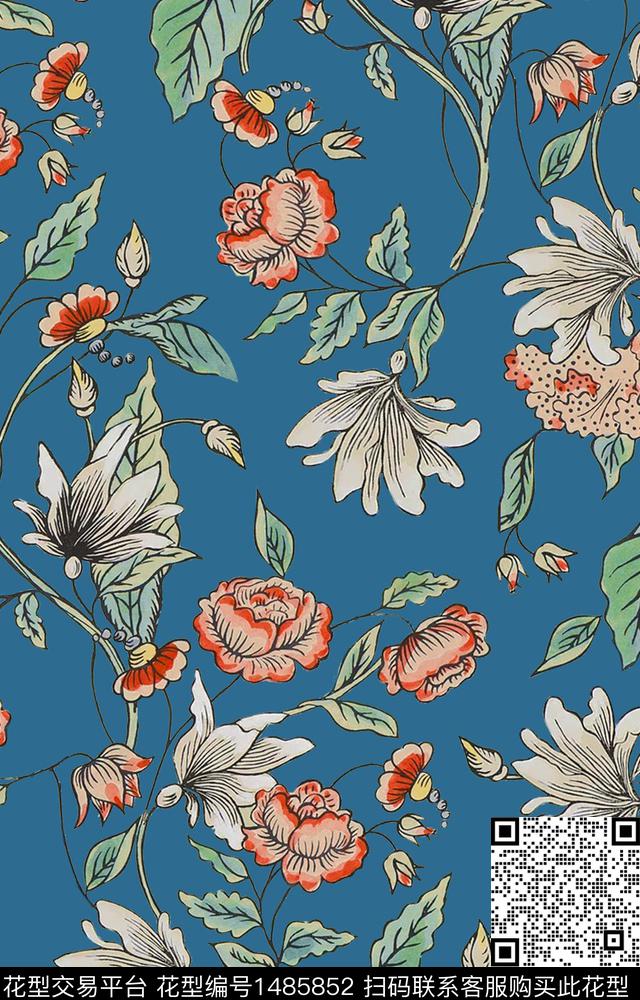 几何民族风花卉数码印花华亿平台下载（图片编号: 1485852） - 瓦栏（Walan）