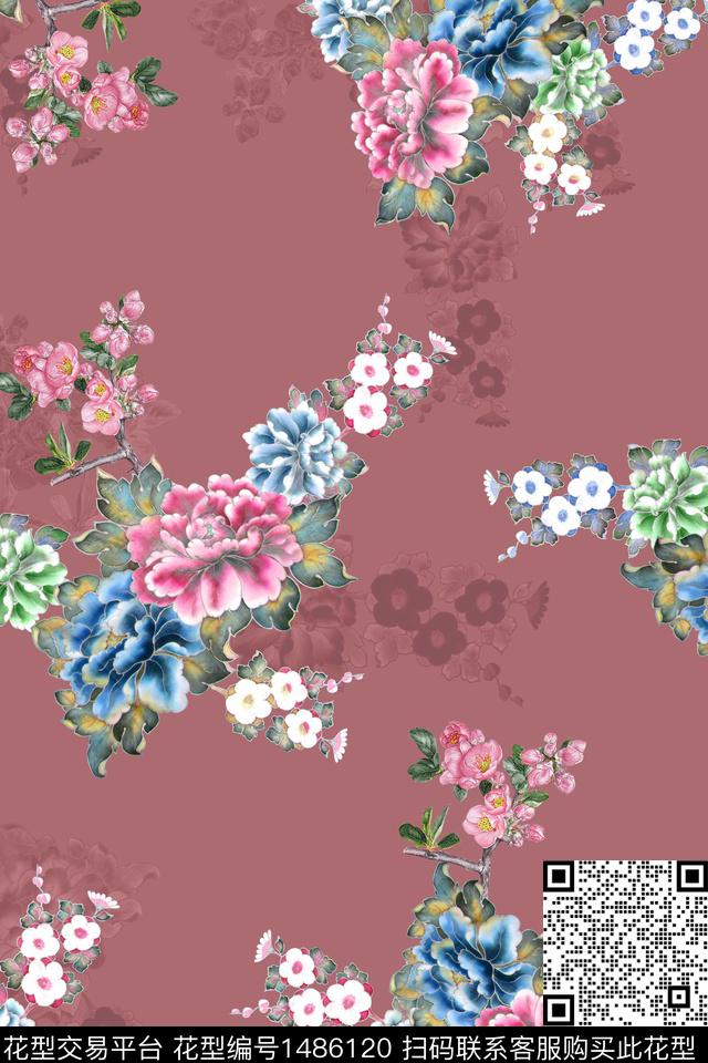 中老年秋冬装植物民族风花纹数码印花华亿平台下载（图片编号: 1486120） - 瓦栏（Walan）