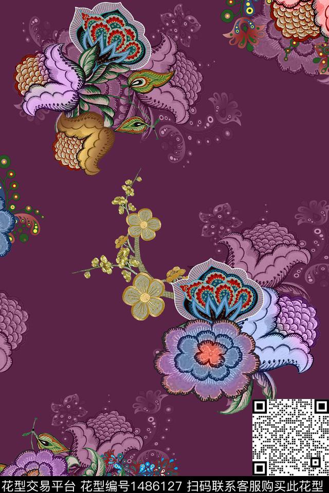 中老年秋冬装植物民族风花纹数码印花华亿平台下载（图片编号: 1486127） - 瓦栏（Walan）