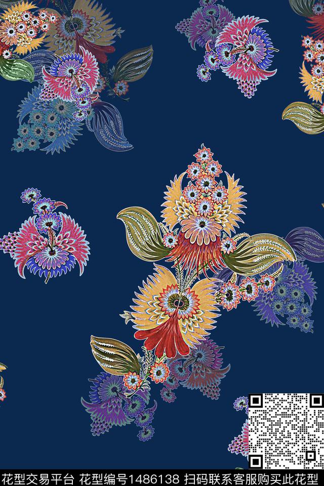 中老年秋冬装植物民族风花纹数码印花华亿平台下载（图片编号: 1486138） - 瓦栏（Walan）