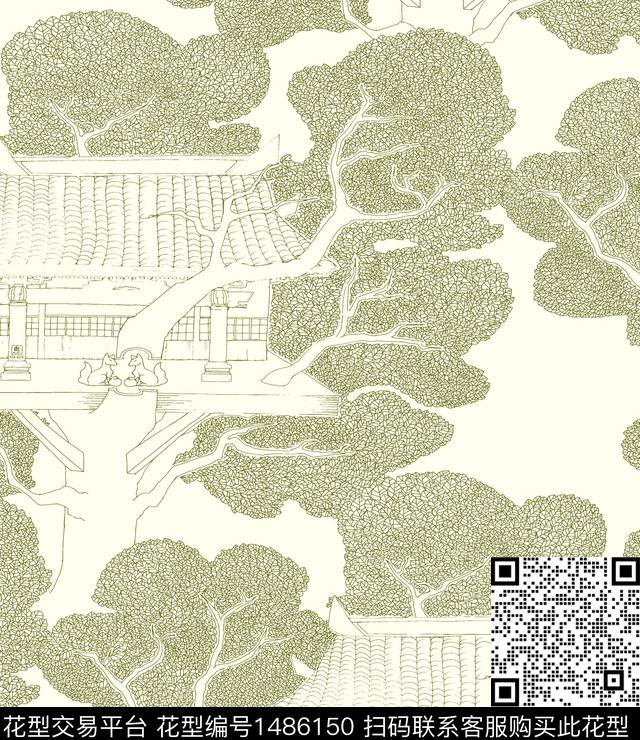 树林线条画高雅风传统印花华亿平台下载（图片编号: 1486150） - 瓦栏（Walan）