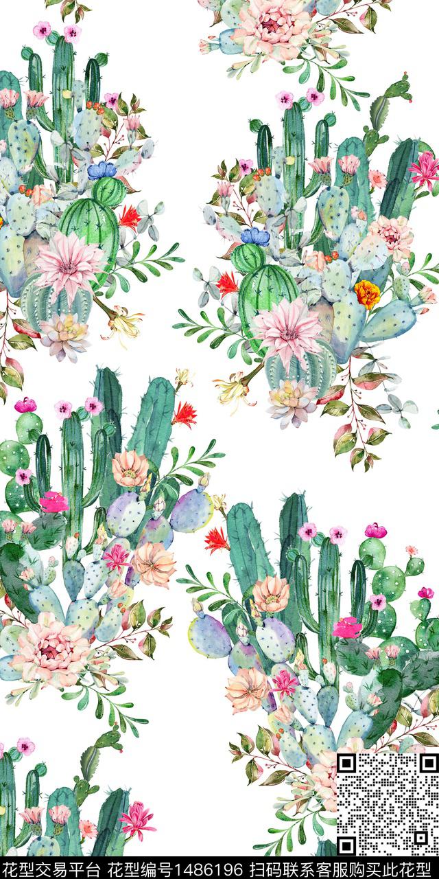 仙人掌植物手绘花卉数码印花华亿平台下载（图片编号: 1486196） - 瓦栏（Walan）