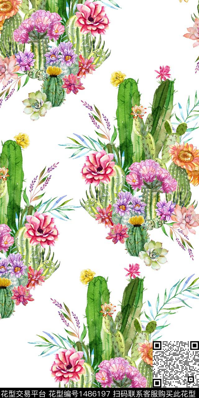 仙人掌植物手绘花卉数码印花华亿平台下载（图片编号: 1486197） - 瓦栏（Walan）
