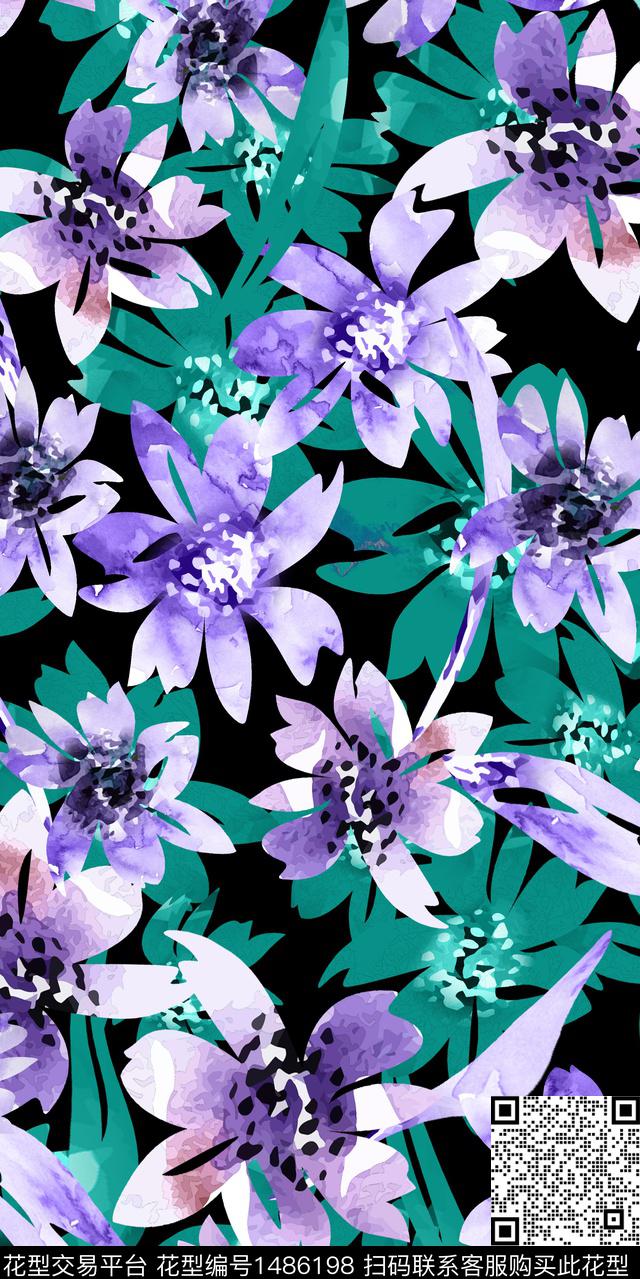 手绘花卉满版散花韩国风数码印花华亿平台下载（图片编号: 1486198） - 瓦栏（Walan）