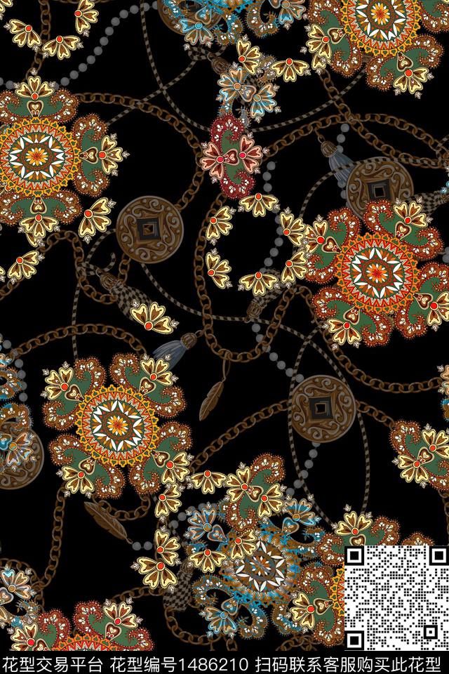 链条复古民族风数码印花华亿平台下载（图片编号: 1486210） - 瓦栏（Walan）