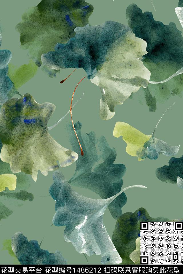 绿植树叶小清新真丝数码印花华亿平台下载（图片编号: 1486212） - 瓦栏（Walan）