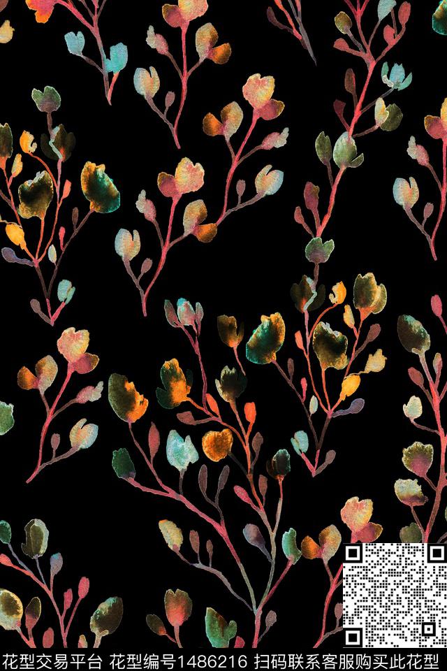 黑底花卉绿植树叶大牌风数码印花华亿平台下载（图片编号: 1486216） - 瓦栏（Walan）