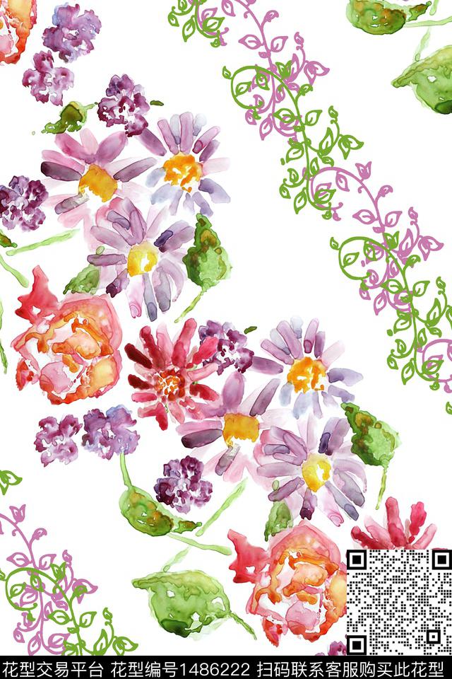 水彩花卉春夏华亿平台数码印花华亿平台下载（图片编号: 1486222） - 瓦栏（Walan）