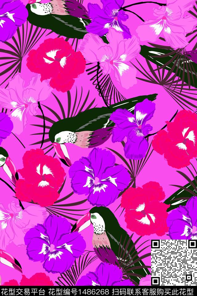 绿植树叶花鸟天堂鸟数码印花华亿平台下载（图片编号: 1486268） - 瓦栏（Walan）