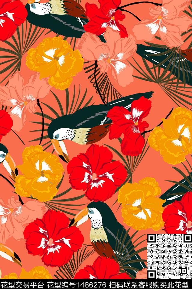 绿植树叶花鸟天堂鸟数码印花华亿平台下载（图片编号: 1486276） - 瓦栏（Walan）