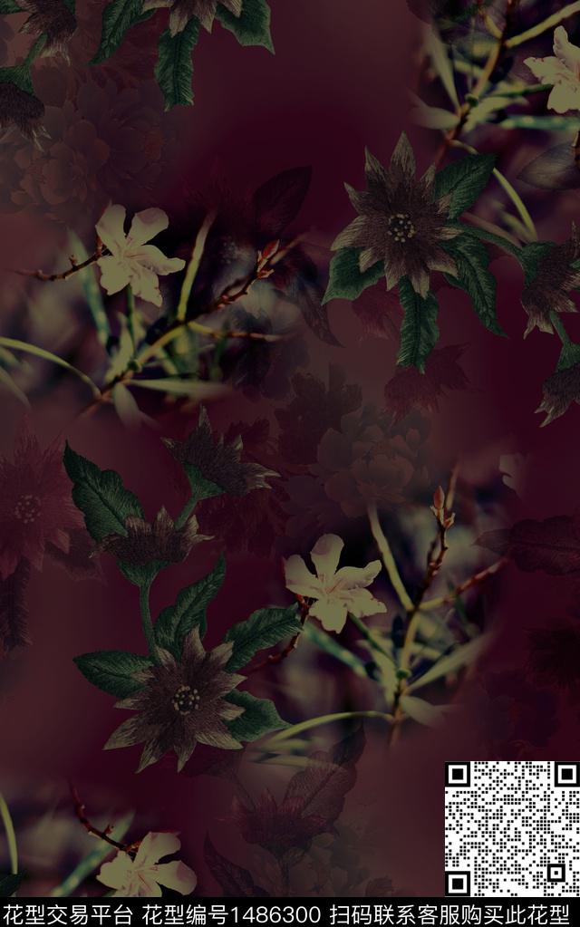 复古香云纱印花大牌旗袍民族风印花抽象手绘水彩花卉数码印花华亿平台下载（图片编号: 1486300） - 瓦栏（Walan）