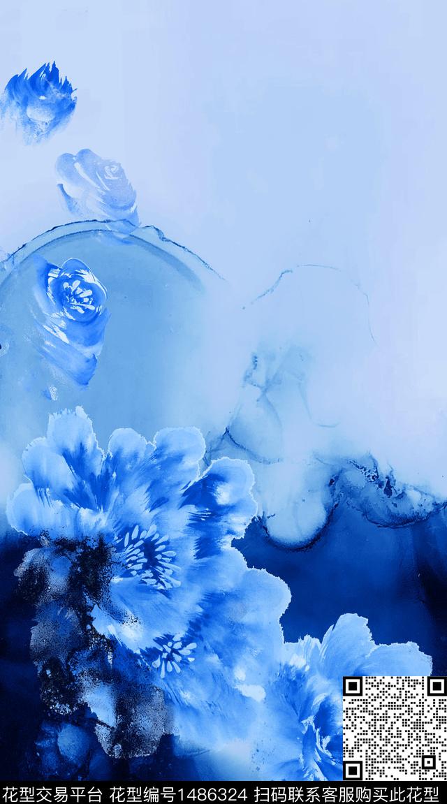 渐变水墨风牡丹数码印花华亿平台下载（图片编号: 1486324） - 瓦栏（Walan）