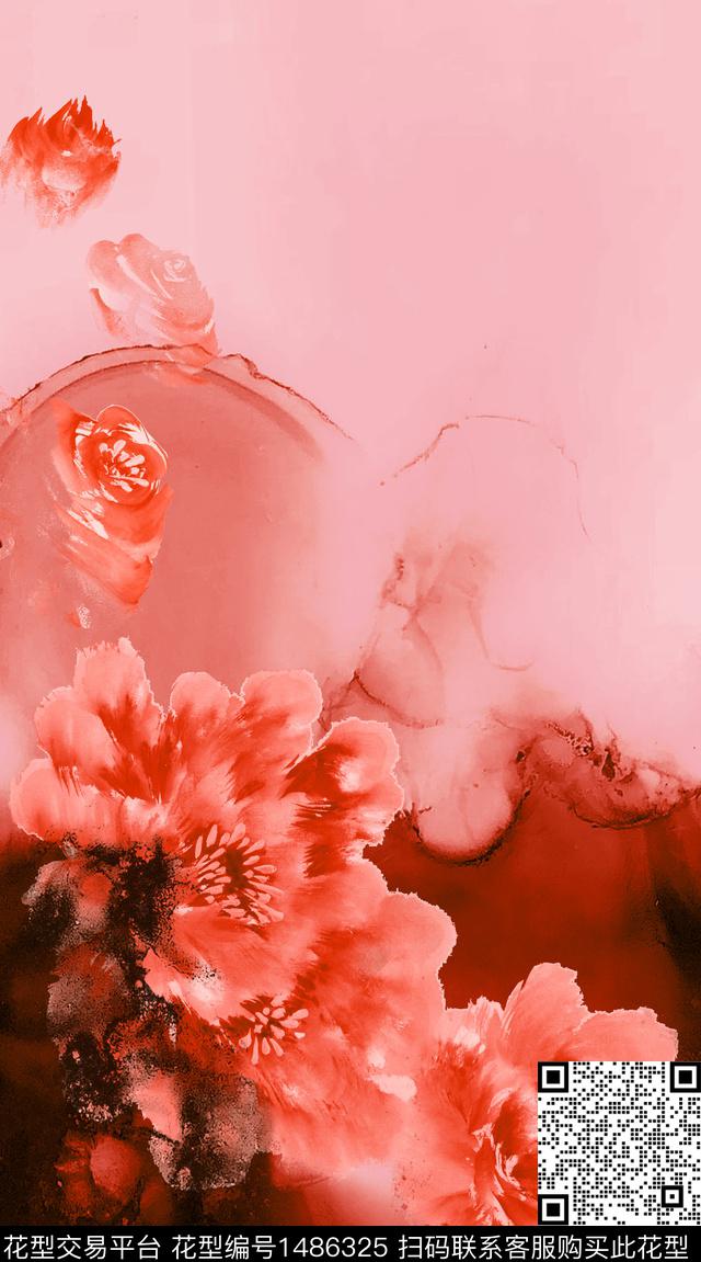 渐变水墨风牡丹数码印花华亿平台下载（图片编号: 1486325） - 瓦栏（Walan）