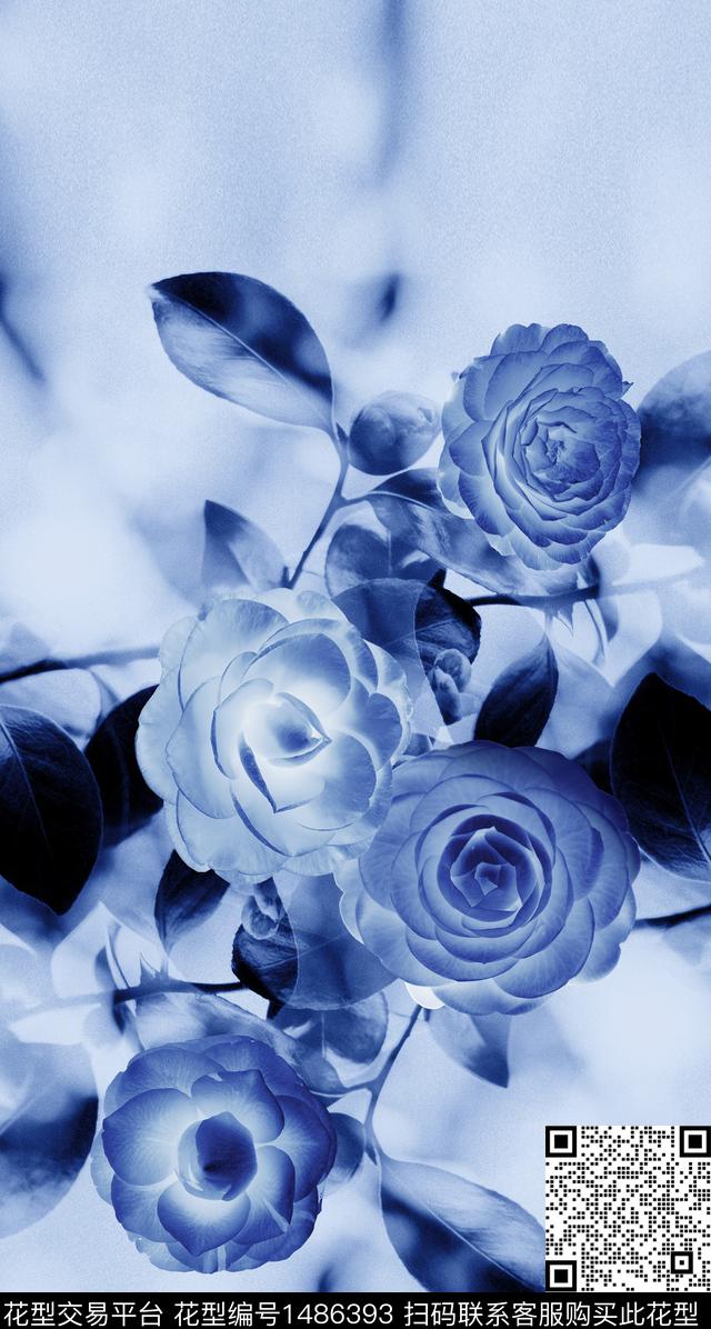 渐变茶花蓝印花数码印花华亿平台下载（图片编号: 1486393） - 瓦栏（Walan）