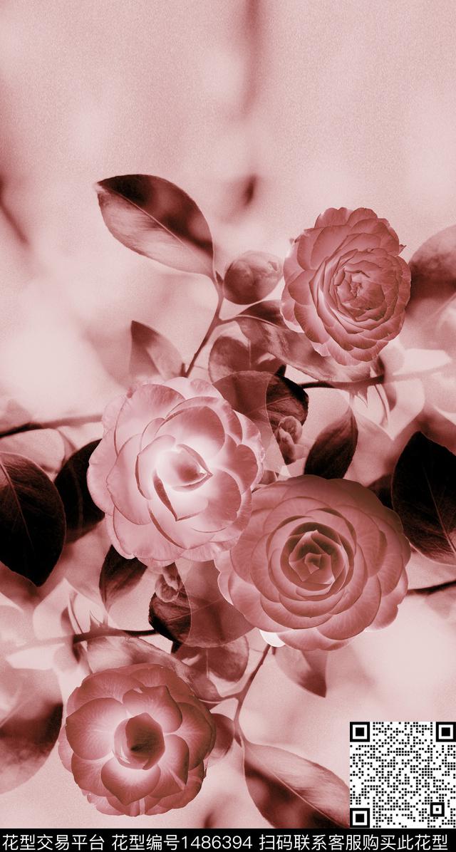 渐变茶花蓝印花数码印花华亿平台下载（图片编号: 1486394） - 瓦栏（Walan）