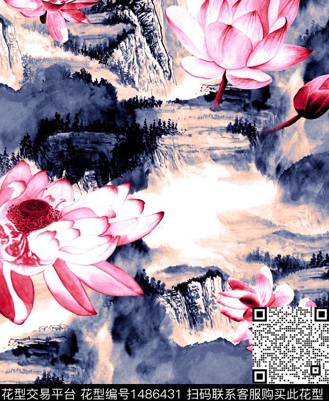 荷花水墨风审数码印花华亿平台下载（图片编号: 1486431） - 瓦栏（Walan）