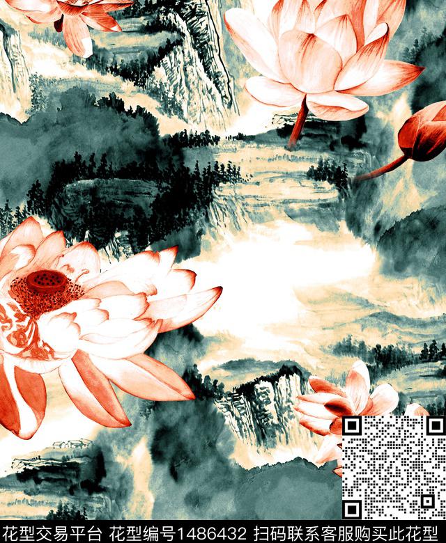 荷花水墨风牡丹数码印花华亿平台下载（图片编号: 1486432） - 瓦栏（Walan）