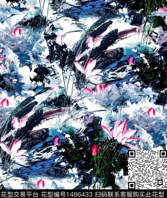 荷花水墨风审数码印花华亿平台下载（图片编号: 1486433） - 瓦栏（Walan）