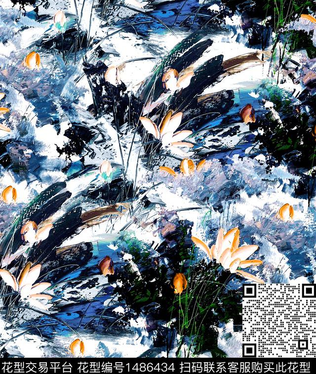 荷花水墨风牡丹数码印花华亿平台下载（图片编号: 1486434） - 瓦栏（Walan）