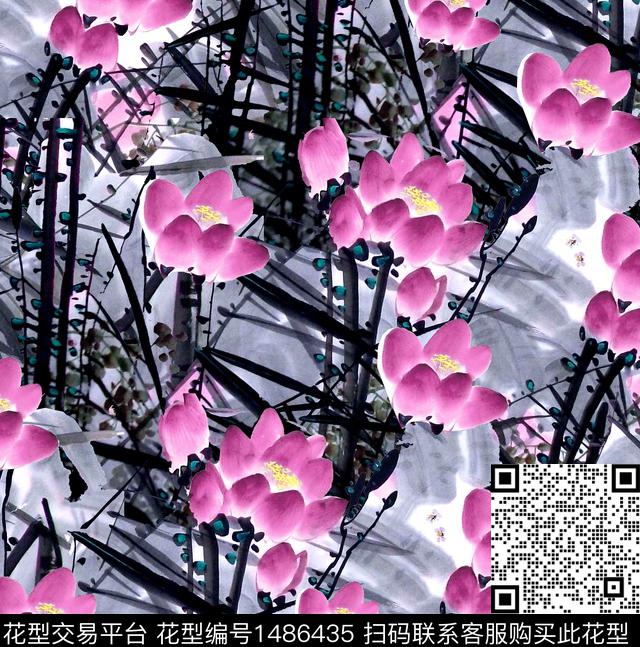 荷花水墨风审数码印花华亿平台下载（图片编号: 1486435） - 瓦栏（Walan）