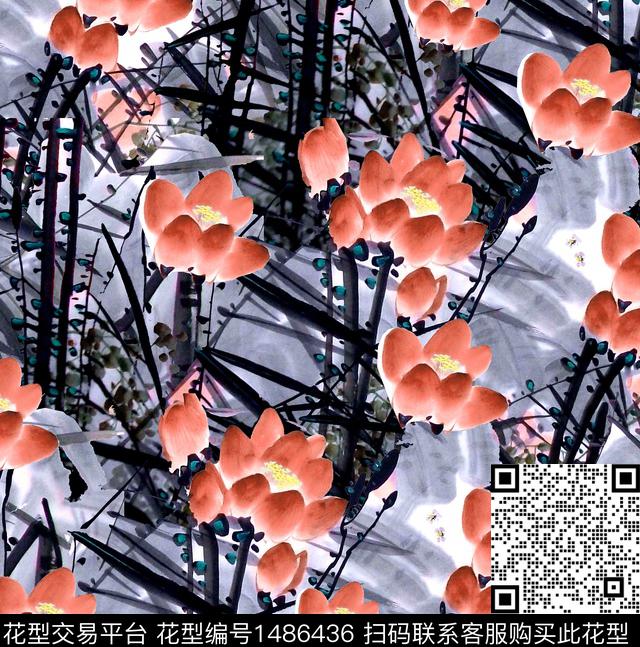 荷花水墨风牡丹数码印花华亿平台下载（图片编号: 1486436） - 瓦栏（Walan）