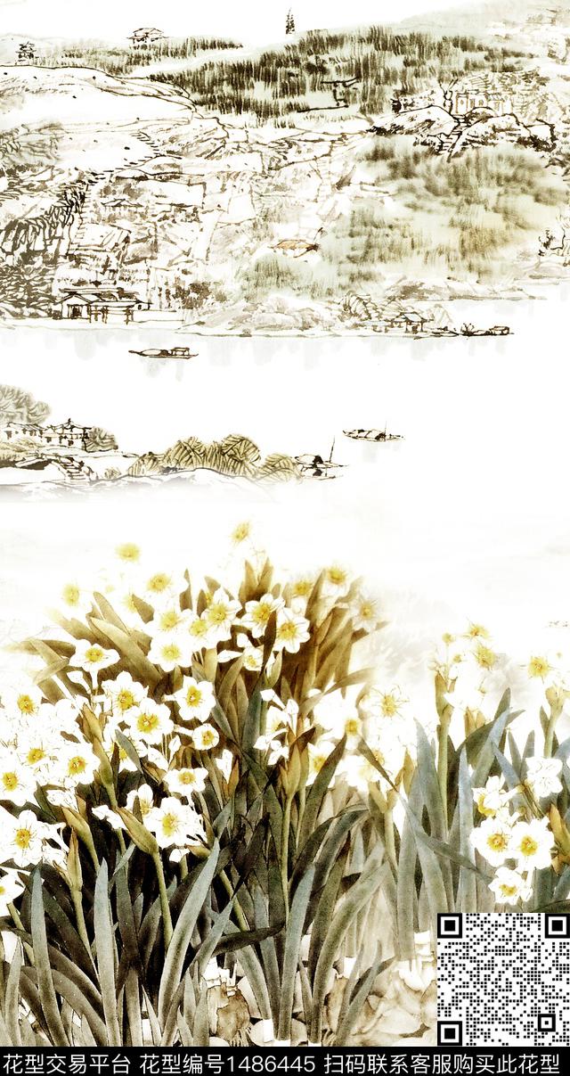 梅花水墨风国画数码印花华亿平台下载（图片编号: 1486445） - 瓦栏（Walan）