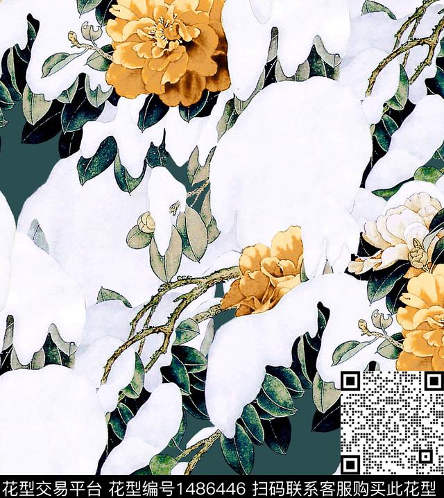 水墨风牡丹审数码印花华亿平台下载（图片编号: 1486446） - 瓦栏（Walan）