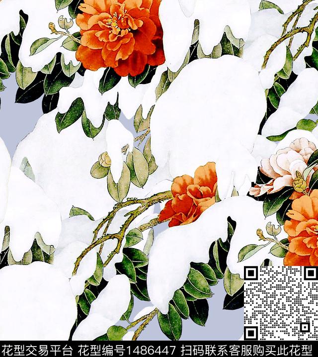 荷花水墨风牡丹数码印花华亿平台下载（图片编号: 1486447） - 瓦栏（Walan）