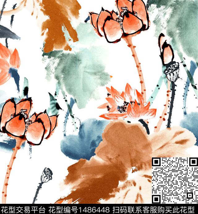 荷花水墨风审数码印花华亿平台下载（图片编号: 1486448） - 瓦栏（Walan）