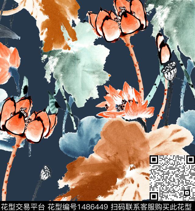 荷花水墨风牡丹数码印花华亿平台下载（图片编号: 1486449） - 瓦栏（Walan）