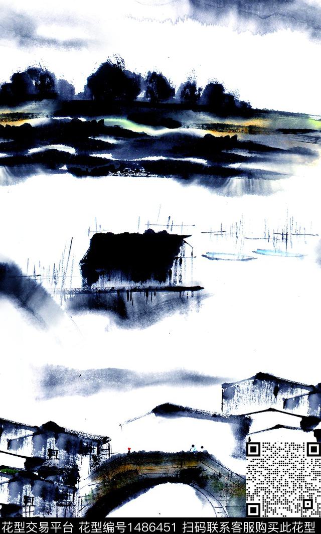荷花水墨风牡丹数码印花华亿平台下载（图片编号: 1486451） - 瓦栏（Walan）