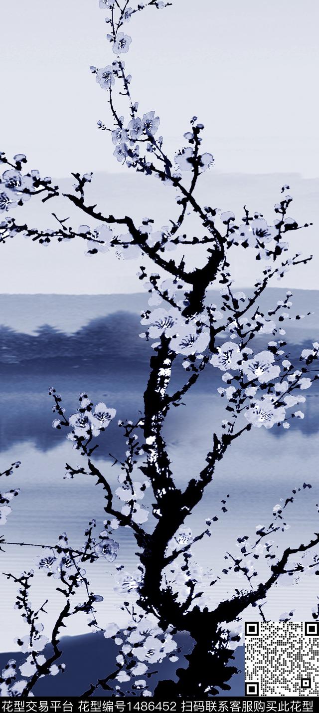 梅花水墨风国画数码印花华亿平台下载（图片编号: 1486452） - 瓦栏（Walan）