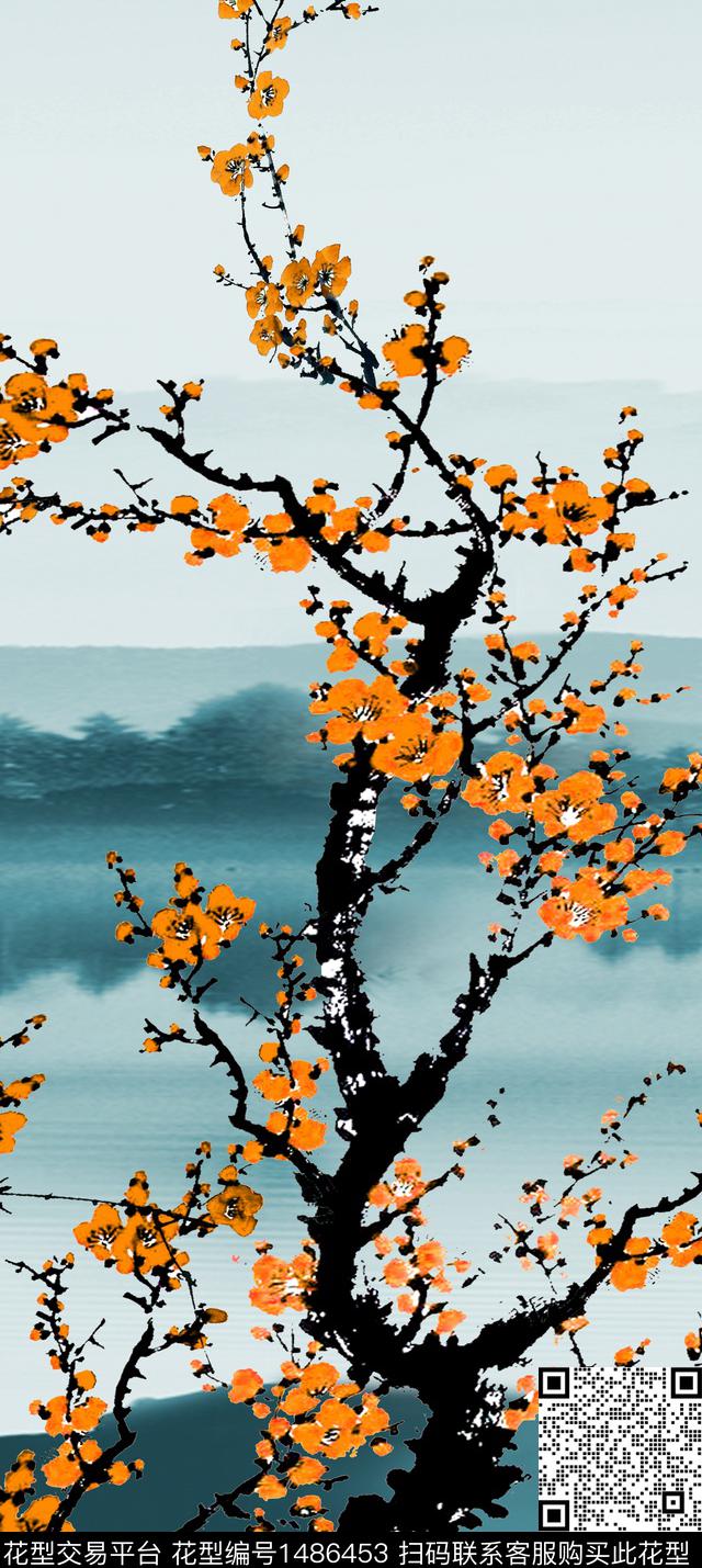 梅花水墨风国画数码印花华亿平台下载（图片编号: 1486453） - 瓦栏（Walan）