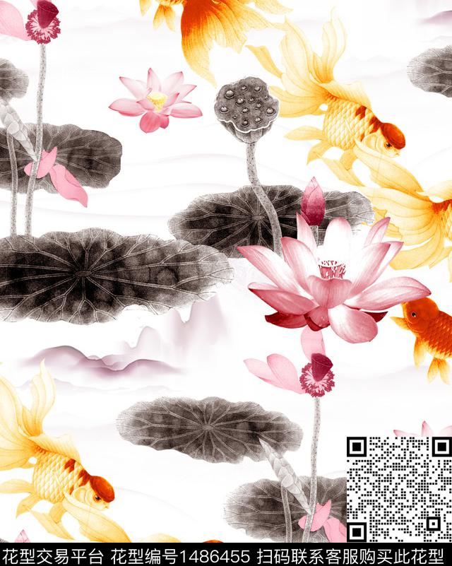 荷花水墨风牡丹数码印花华亿平台下载（图片编号: 1486455） - 瓦栏（Walan）