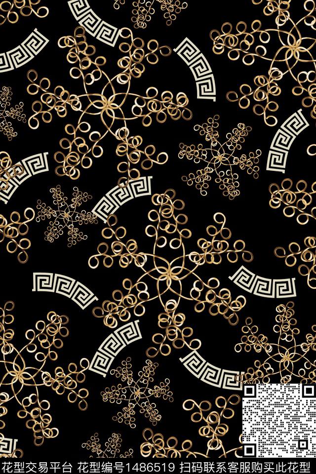 黑底花卉绿植树叶传统纹样数码印花华亿平台下载（图片编号: 1486519） - 瓦栏（Walan）