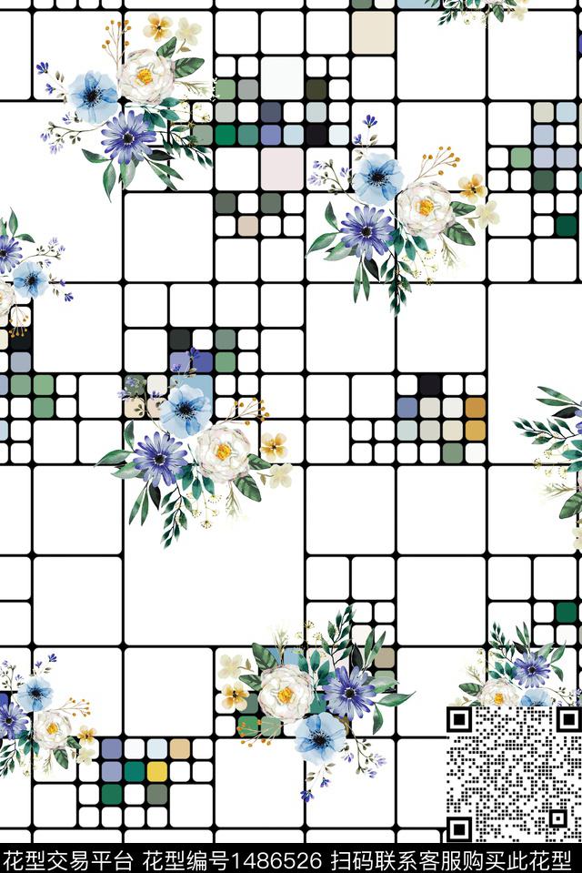几何绿植树叶格子数码印花华亿平台下载（图片编号: 1486526） - 瓦栏（Walan）
