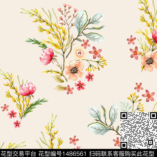 手绘花卉满版散花清爽底花卉数码印花华亿平台下载（图片编号: 1486561） - 瓦栏（Walan）
