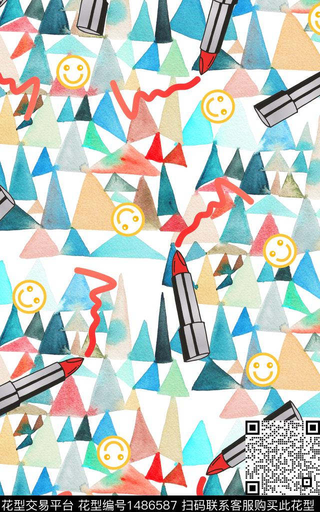 几何笑脸口红数码印花华亿平台下载（图片编号: 1486587） - 瓦栏（Walan）