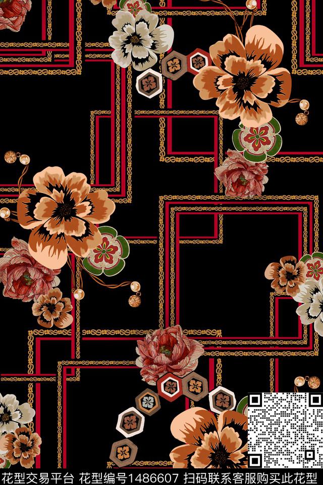 黑底花卉几何民族风数码印花华亿平台下载（图片编号: 1486607） - 瓦栏（Walan）