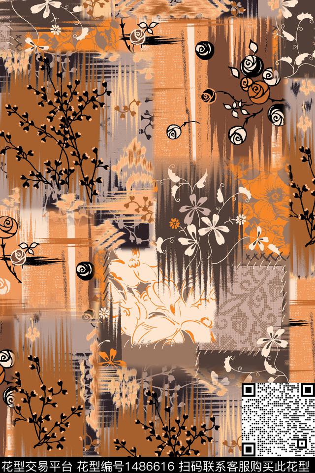花卉大牌风抽象数码印花华亿平台下载（图片编号: 1486616） - 瓦栏（Walan）