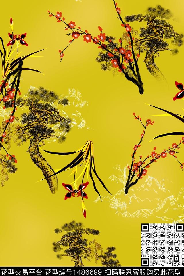 花卉中国风真丝数码印花华亿平台下载（图片编号: 1486699） - 瓦栏（Walan）