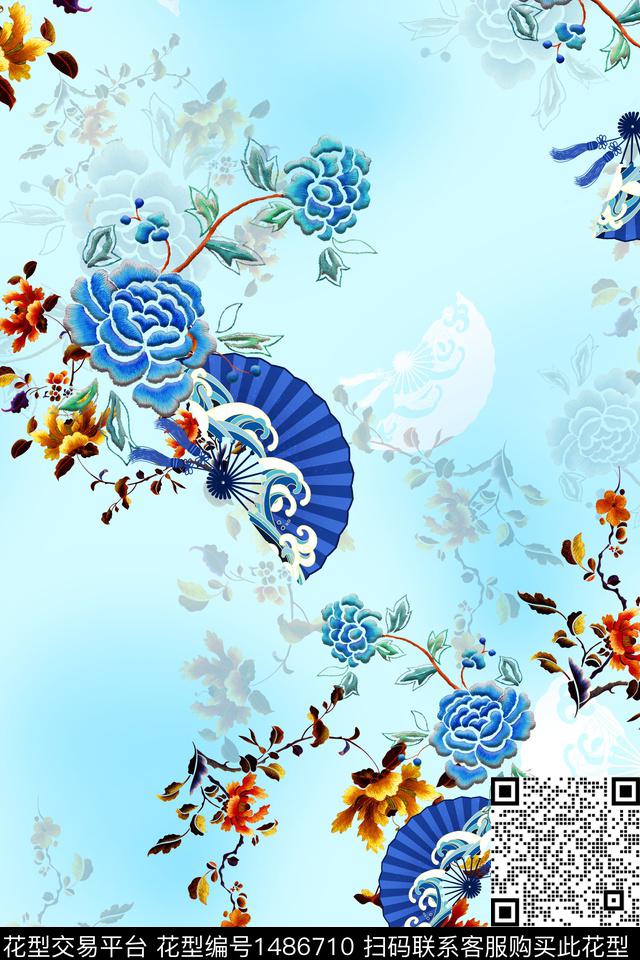 花卉中国风牡丹数码印花华亿平台下载（图片编号: 1486710） - 瓦栏（Walan）