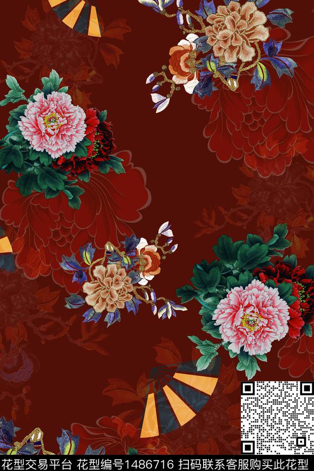 花卉中国风牡丹数码印花华亿平台下载（图片编号: 1486716） - 瓦栏（Walan）