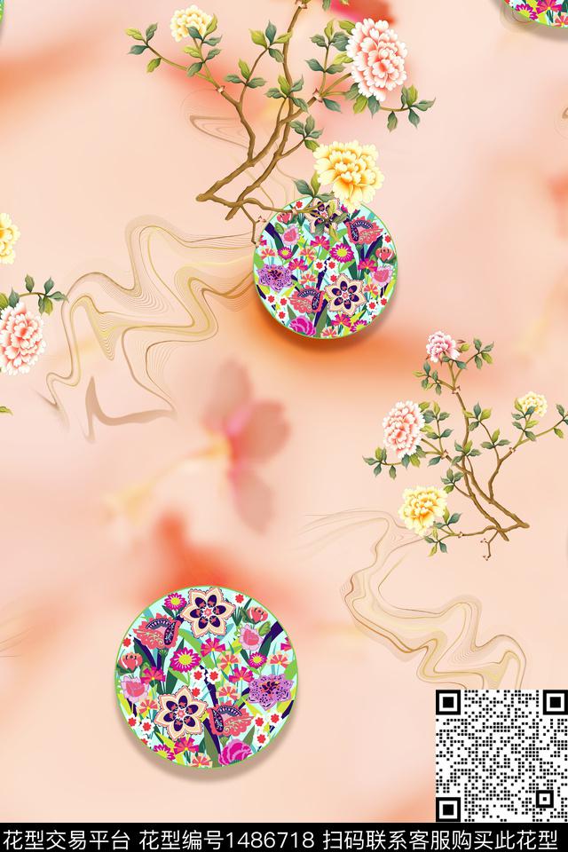 花卉中国风牡丹数码印花华亿平台下载（图片编号: 1486718） - 瓦栏（Walan）
