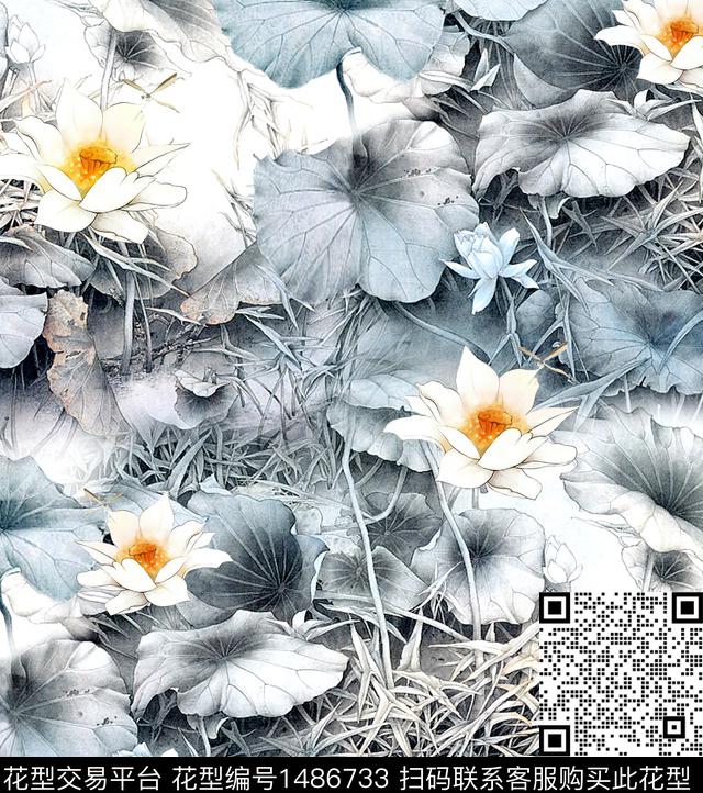 玉兰花荷花水墨风数码印花华亿平台下载（图片编号: 1486733） - 瓦栏（Walan）