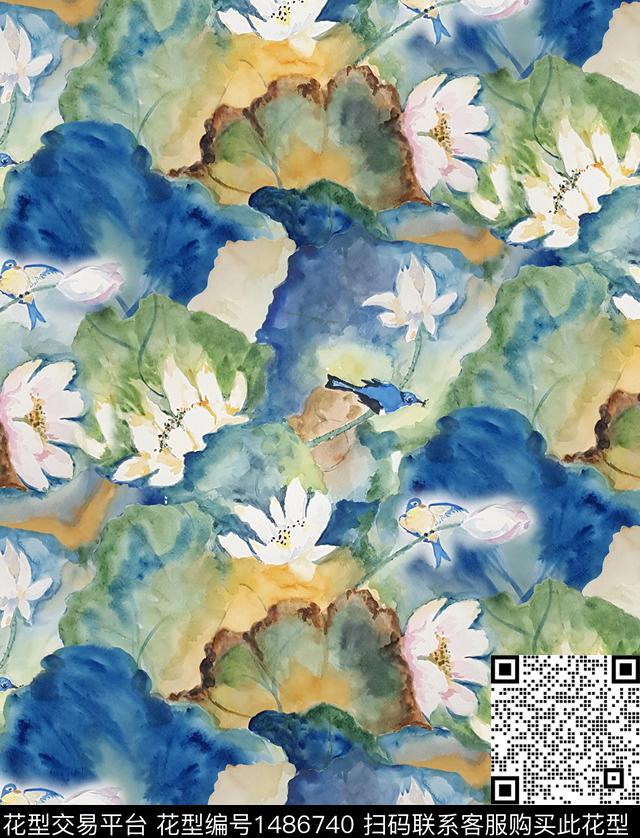 玉兰花荷花水墨风数码印花华亿平台下载（图片编号: 1486740） - 瓦栏（Walan）