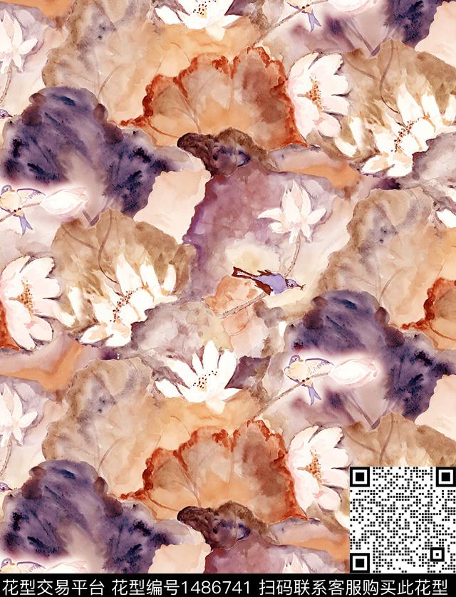 玉兰花荷花水墨风数码印花华亿平台下载（图片编号: 1486741） - 瓦栏（Walan）