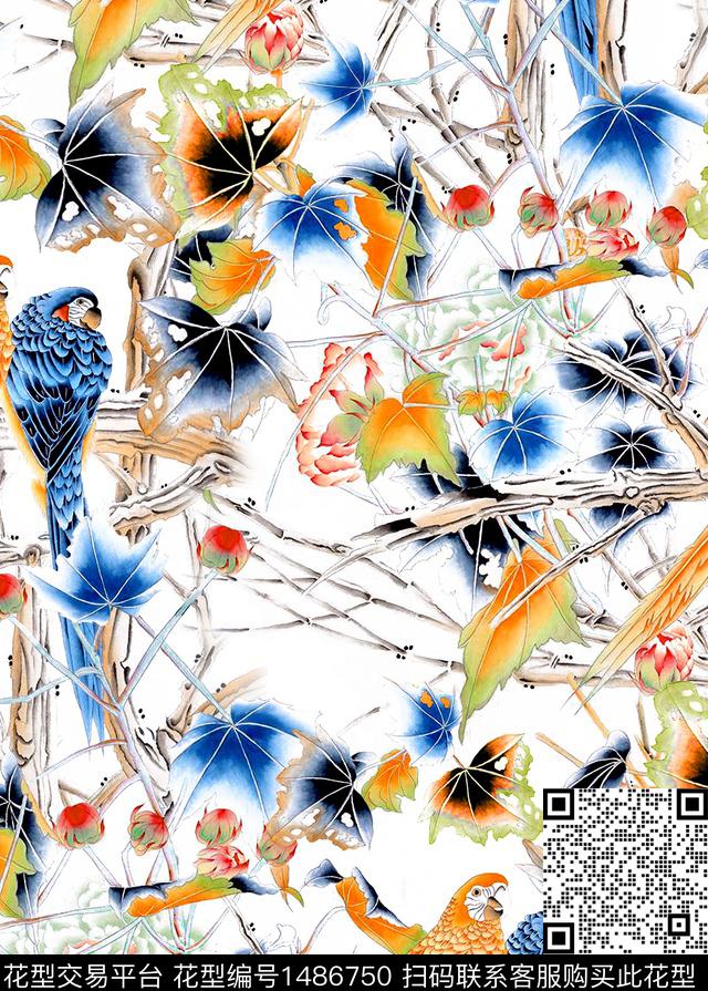 玉兰花荷花水墨风数码印花华亿平台下载（图片编号: 1486750） - 瓦栏（Walan）