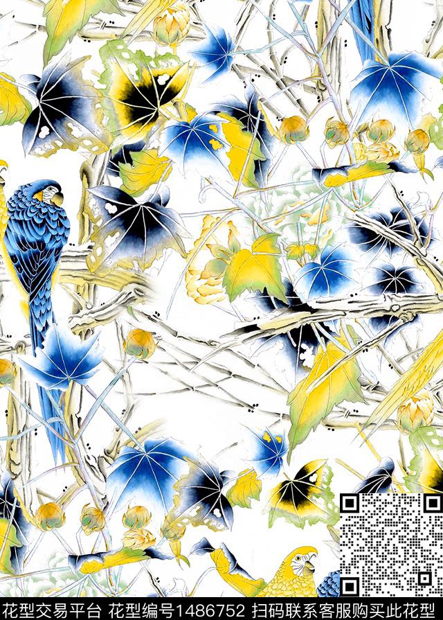 玉兰花荷花水墨风数码印花华亿平台下载（图片编号: 1486752） - 瓦栏（Walan）